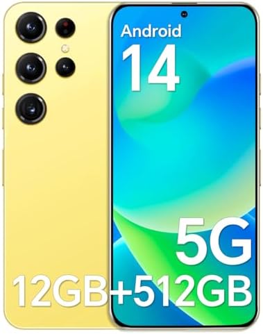 Unlocked Phones T24 Ultra,12GB+512GB Android 14 Smartphone,6.7" Full Screen,48MP+108MP Camera Cellphone, 6800mAh Battery, Snapdragon 888,5G/GPS/Face ID/Dual SIM/Fingerprint Lock Yellow