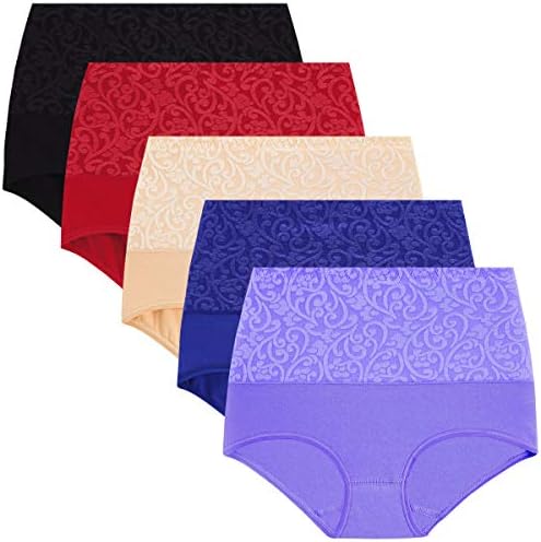YaShaer Women's Cotton Underwear High Waisted Tummy Control Panties Full Coverage Briefs Jacquard Ladies Panty 5 Pack